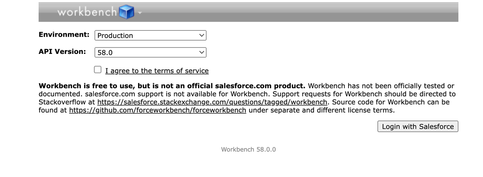 Salesforce workbench login page